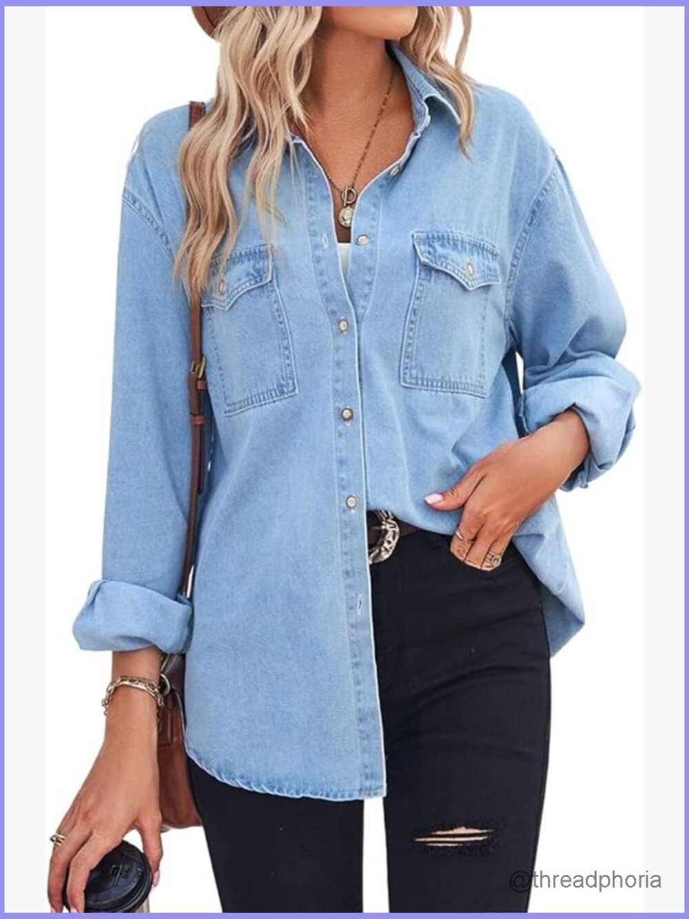 Classic Button Down Denim Shirt Long Sleeve Business Casual Top